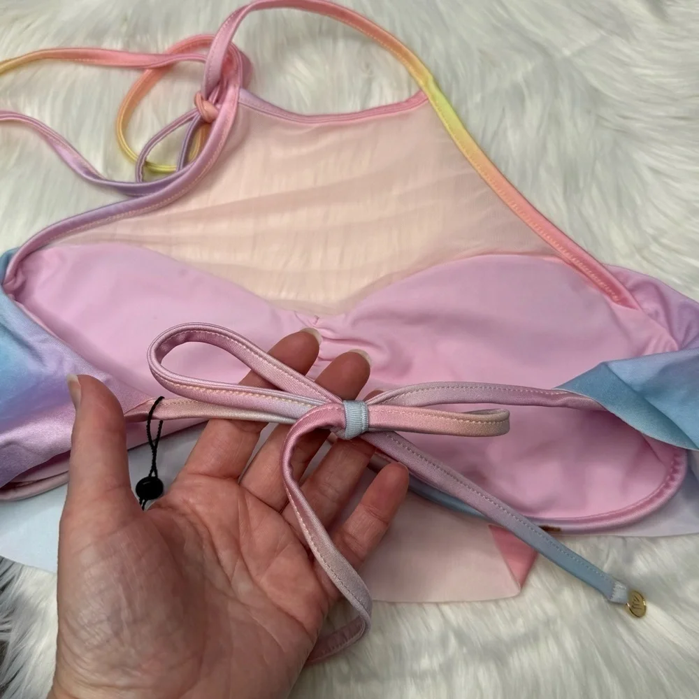 NWT Wildfox Pastel Rainbow Halter Bikini Top size Large